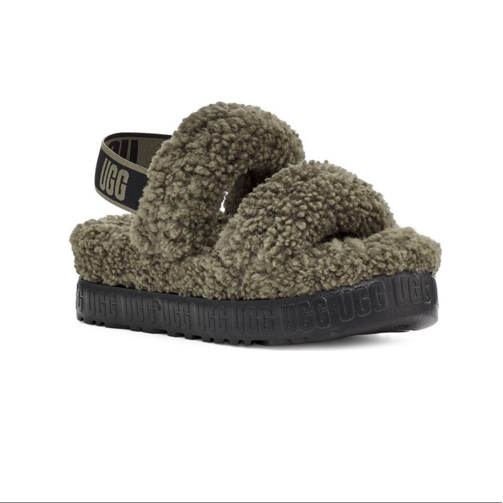 NWOT SOLD OUT Ugg Women’s Oh Fluffita Sandals in Burnt Olive. Size 10.